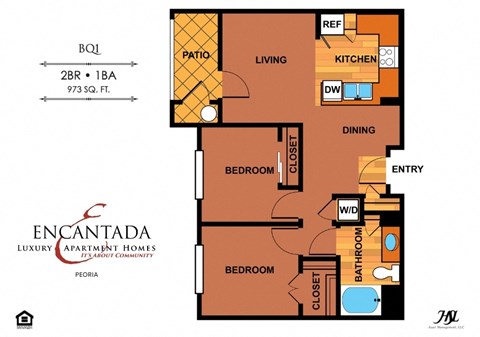 Encantada Peoria floor plan of B1Q unit with 2 bedrooms and a single bathroom and a living room